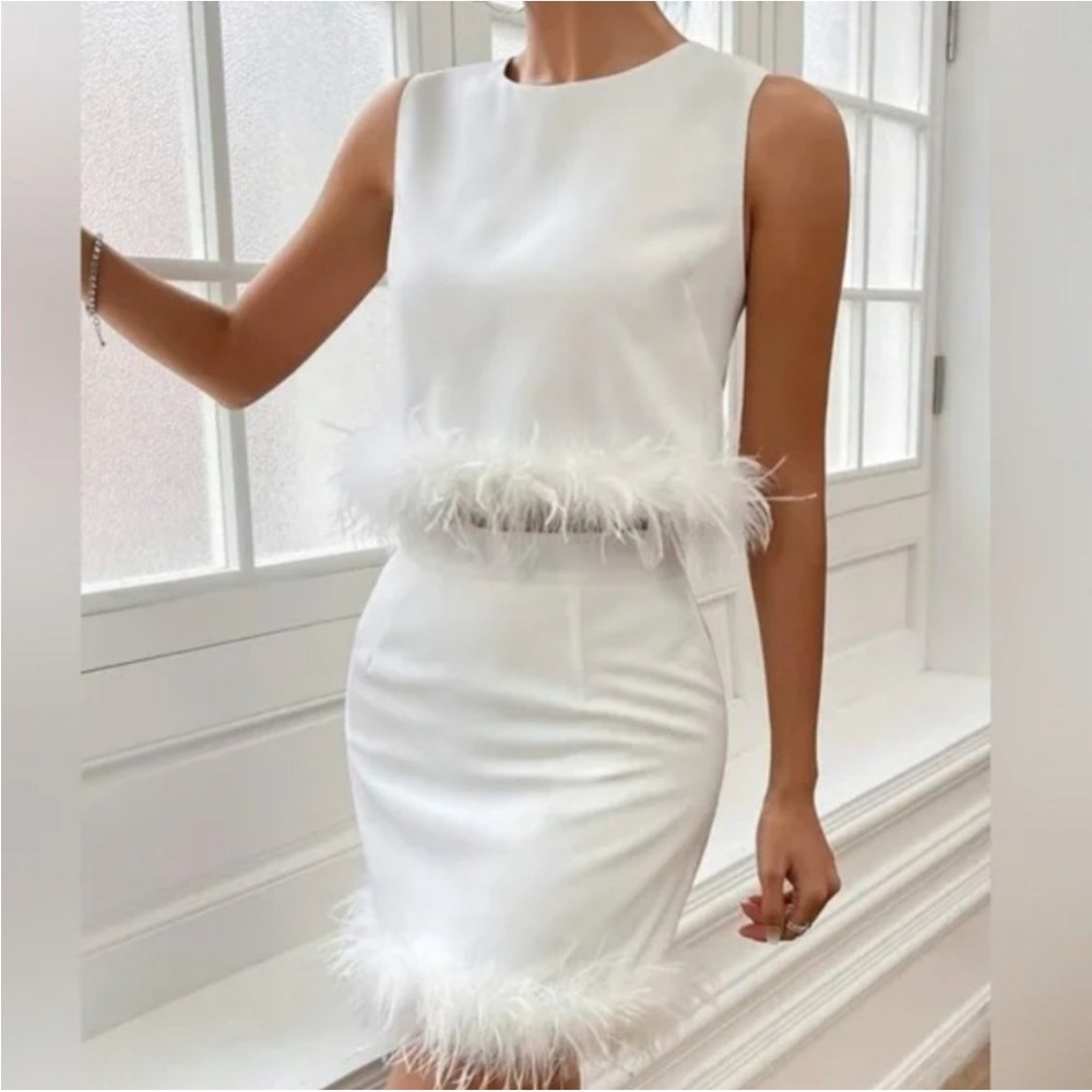 Two Piece Skirt & Tank Feather Trim Set NWT
